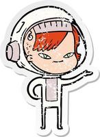 distressed sticker of a cartoon astronaut woman vector