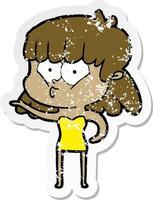 distressed sticker of a cartoon whistling girl vector