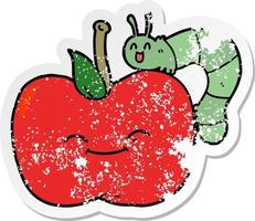 distressed sticker of a cartoon apple and bug vector