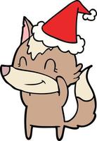 friendly line drawing of a wolf wearing santa hat vector