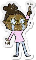 distressed sticker of a cartoon crying woman wearing spectacles vector