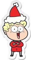 sticker cartoon of a happy man wearing santa hat vector