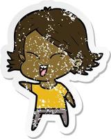 distressed sticker of a happy cartoon girl vector