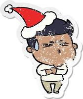 distressed sticker cartoon of a frustrated man wearing santa hat vector