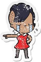 distressed sticker of a cartoon crying girl pointing vector