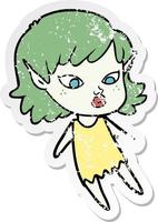 distressed sticker of a pretty cartoon elf girl vector