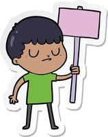 sticker of a cartoon grumpy boy with placard vector