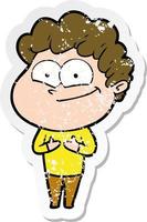 distressed sticker of a cartoon happy man vector