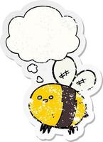 cartoon bee and thought bubble as a distressed worn sticker vector