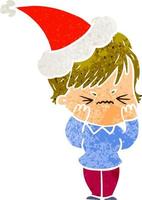 retro cartoon of a frustrated woman wearing santa hat vector