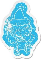 happy cartoon distressed sticker of a elf girl wearing santa hat vector