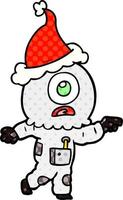 comic book style illustration of a cyclops alien spaceman pointing wearing santa hat vector