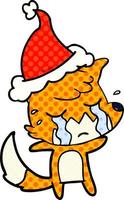 crying fox comic book style illustration of a wearing santa hat vector