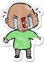 distressed sticker of a cartoon crying bald man vector