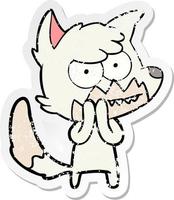 distressed sticker of a cartoon grinning fox vector