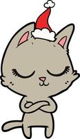 calm line drawing of a cat wearing santa hat vector