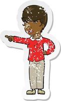 retro distressed sticker of a cartoon woman pointing finger of blame vector