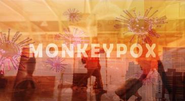 Monkeypox outbreak and travel concept. Monkeypox is caused by monkey pox virus. Tourists with baggage walking in the airport. Travel during virus outbreak.  Monkeys may harbor virus and infect people. photo