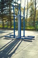 Empty street exercise machines in a public place. The concept of ban on walking. photo