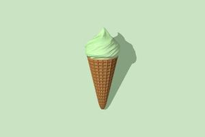 Green pistachio ice cream with shadow rendering 3D. Green ice cream isolated on light green background. Side view. The concept of taste of summer. photo