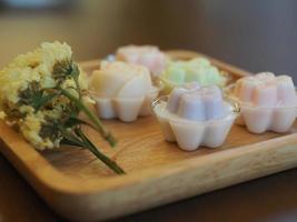 jelly desserts with a set of tea on the table. photo