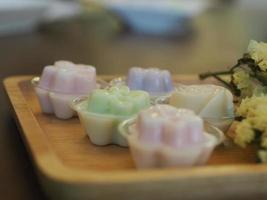 jelly desserts with a set of tea on the table. photo