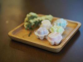 jelly desserts with a set of tea on the table. photo