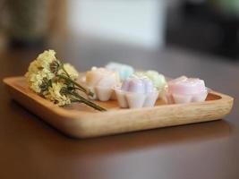 jelly desserts with a set of tea on the table. photo