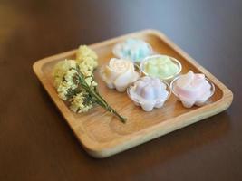 jelly desserts with a set of tea on the table. photo