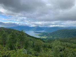 Panoramic view on Norway fjords from a mountain photo