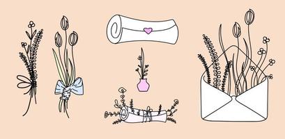 A set of envelopes, scrolls, parcels with flowers in the style of line art. vector