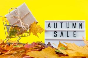 concepto de venta y descuento de otoño. carrito de compras y hojas caídas de color sobre fondo amarillo. composición creativa para publicidad.