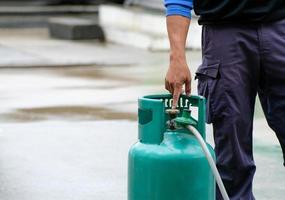 Man's hand pointing to LPG gas open valve, Demonstration of fire protection caused by daily use, firefighter plans photo
