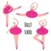 Set with ballerinas in different poses in doodle style vector illustration. Dancer's body language.