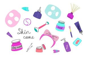 Beauty routine. A set for skin care. The concept of face and body care. Cleansing, moisturizing, massage, treatment. A hand-drawn vector set in the doodle style. All elements are isolated.