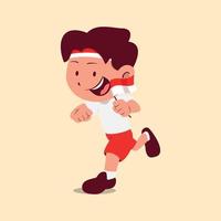 A cute boy doing flags run contest on Indonesia independence day event vector