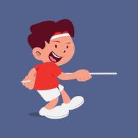 A cute boy doing tug of war contest on Indonesia independence day event vector