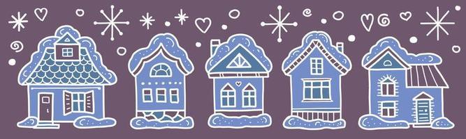 Winter village. Architecture with cute snow-covered houses. Christmas night. Vector clipart