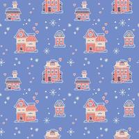 Christmas seamless pattern with winter town. Pink hand-drawn house and snowflake on a blue background vector