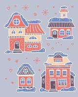 Winter set with pink houses and snowflakes. Snow on the roof. Christmas time. Happy new year celebration. Vector clipart