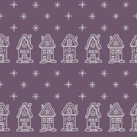 Seamless pattern with night winter town. Cute houses snow-covered. Vector illustration