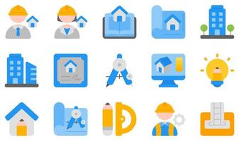 conjunto de iconos vectoriales relacionados con la arquitectura. contiene íconos como arquitecto, arquitectura, planos, construcción, certificado, diseño creativo y más. vector