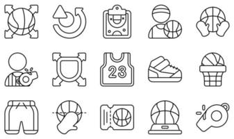 conjunto de iconos vectoriales relacionados con el baloncesto. contiene íconos como pase, plan, jugador, rebote, árbitro, camiseta y más. vector