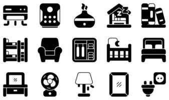 conjunto de iconos vectoriales relacionados con el dormitorio. contiene íconos como dormitorio, libro, litera, armario, silla, tocador y más. vector