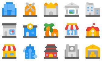 conjunto de iconos vectoriales relacionados con edificios. contiene íconos como centro comercial, molino, mezquita, museo, oficina, farmacia y más. vector