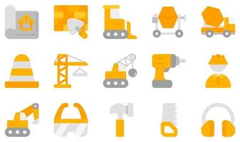 conjunto de iconos vectoriales relacionados con la construcción. contiene íconos como planos, paredes de ladrillos, excavadoras, grúas, ingenieros, excavadoras y más. vector