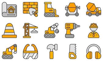 conjunto de iconos vectoriales relacionados con la construcción. contiene íconos como planos, paredes de ladrillos, excavadoras, grúas, ingenieros, excavadoras y más. vector