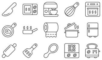 conjunto de iconos vectoriales relacionados con la cocina. contiene íconos como cuchillo, microondas, batidora, horno, sartén, toallas de papel y más.