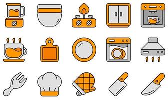 conjunto de iconos vectoriales relacionados con la cocina. contiene íconos como licuadora, tazón, quemador, gabinete, taza, plato y más.