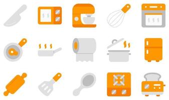 Set of Vector Icons Related to Kitchen. Contains such Icons as Knife, Microwave, Mixer, Oven, Pan, Paper Towels and more.